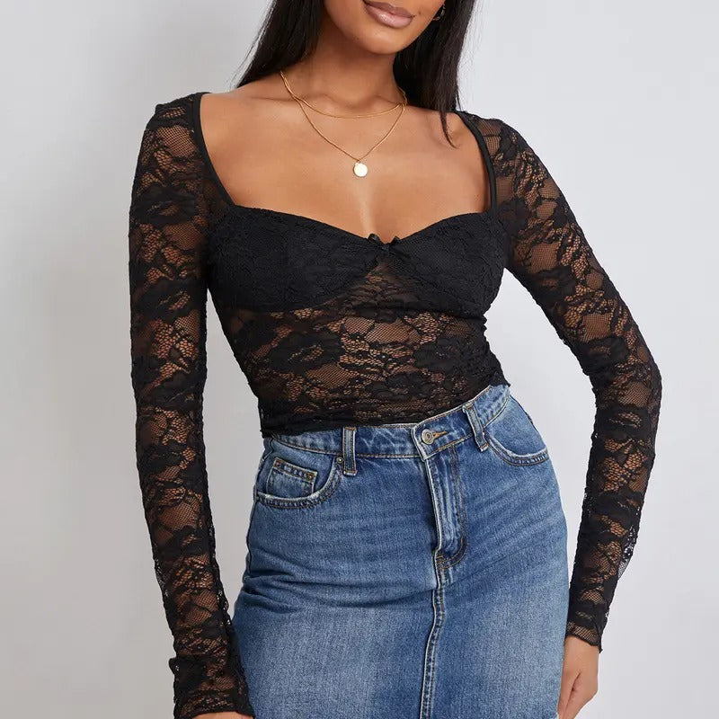 Women Crop Floral Lace Tops Long Sleeve Shirt Casual Pullovers for Club Streetwear Aesthetic Grunge Clothes Fashion Womenswear