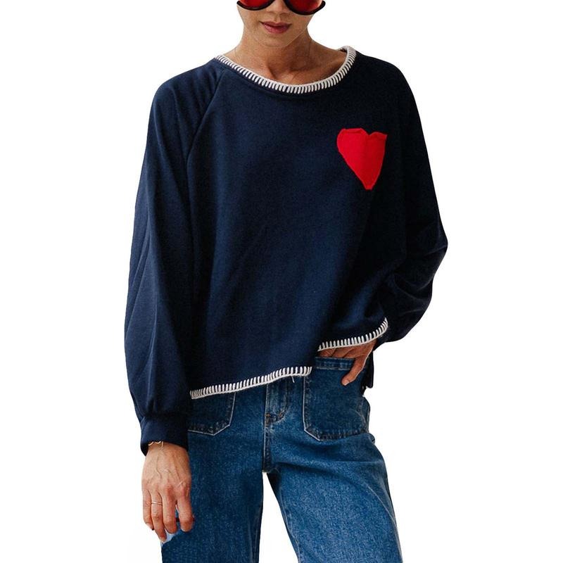 Women Cute Loose Sweatshirts Heart Patch Long Sleeve Pullovers Casual Fall Workout Tops Autumn Streetwear