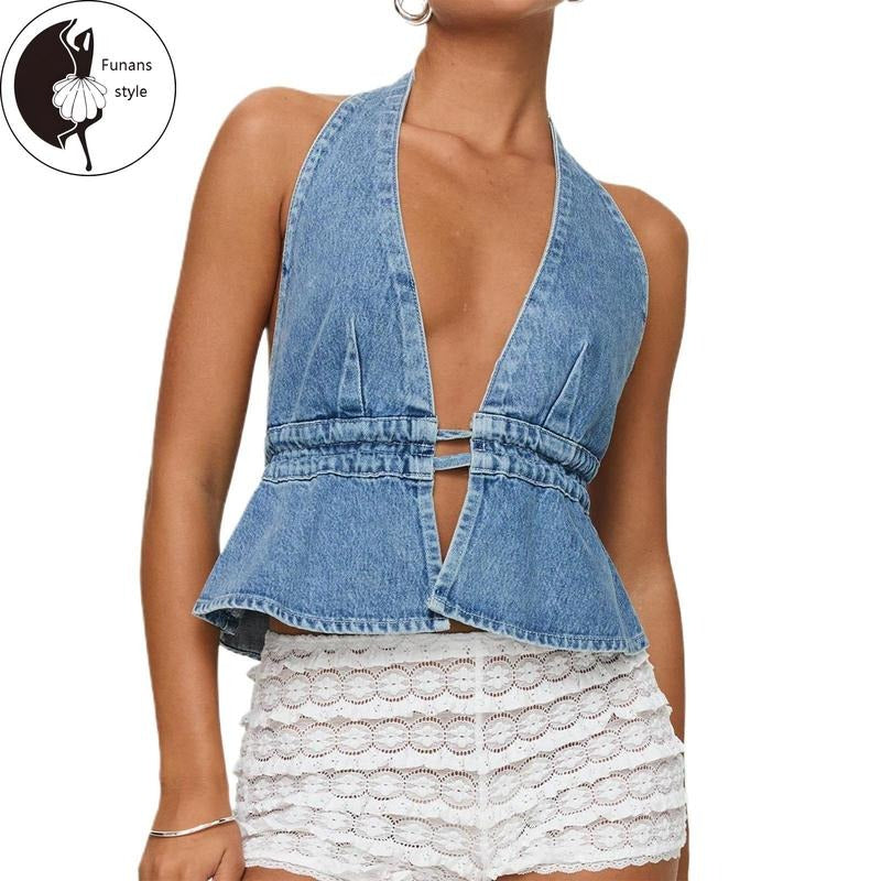Women Halter Top, Tie-up Sleeveless Backless Solid Summer Denim Vest T-Shirts, Hoodie, Sweatshirt | WearSparks.com