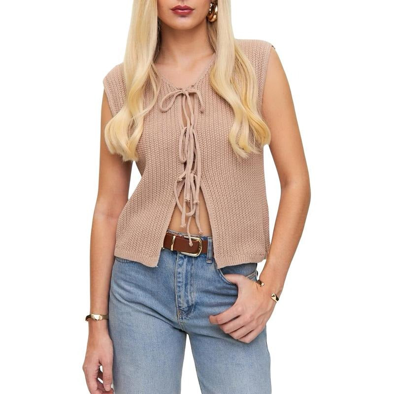 Women Knit Tank Top, Sleeveless Tie-up Solid Loose Summer Vest Streetwear for Daily Basic Khaki T-Shirts, Hoodie, Sweatshirt