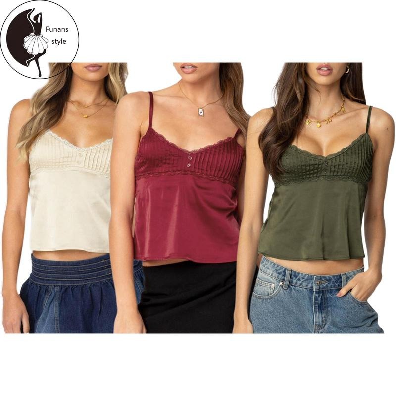 Women Lace Trim CamisoleV Neck Tie Back Spaghetti Strap Backless Crop Tops Summer Streetwear