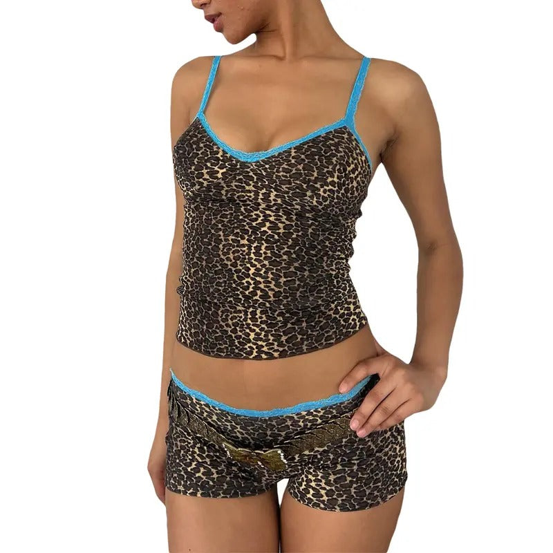 Women Leopard Print 2 Piece Shorts Set Spaghetti Strap V Neck Cami Top with Shorts Pajamas Loungewear Set Y2k Sexy Outfits Set