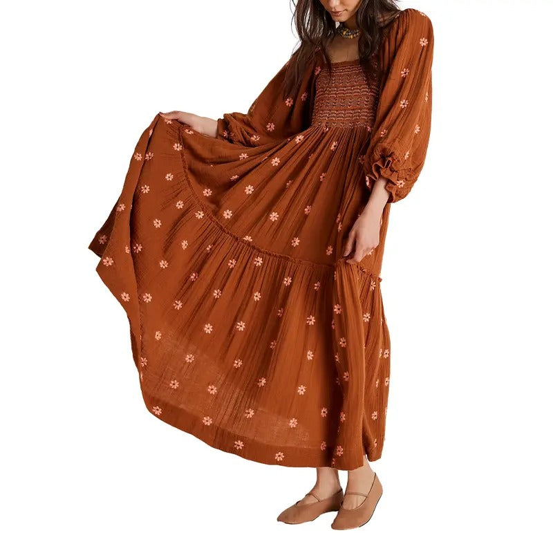 Women Long Dress, Long Sleeve Dress Square Neck Embroidery Flower Loose Swing Dress Casual Light