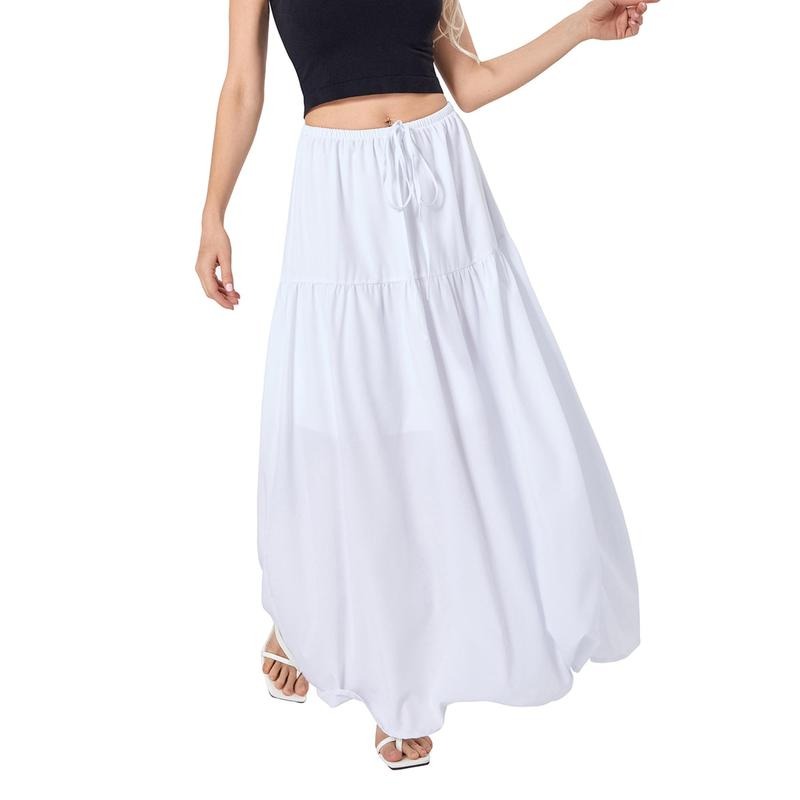 Women Loose A-Line Skirt Solid Color Casual Summer Elastic Drawstring Skirt for Beaches Club Streetwear Fashion Womenswear