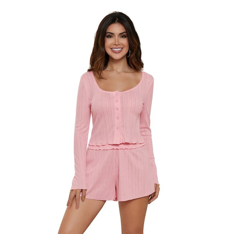 Women Pajama Set, Long Sleeve Button Closure Top with Shorts Sleepwear Loungewear T-Shirts, Hoodie, Sweatshirt