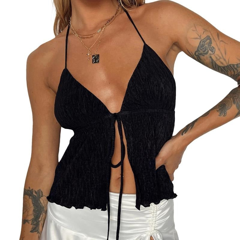 Women Sexy Slit Front Cropped Top Y2K Sleeveless Backless Slim Cami Blouse Off Shoulder Strappy Tank Top Solid Color Open Front Halterneck T Shirt Summer Club Streetwear