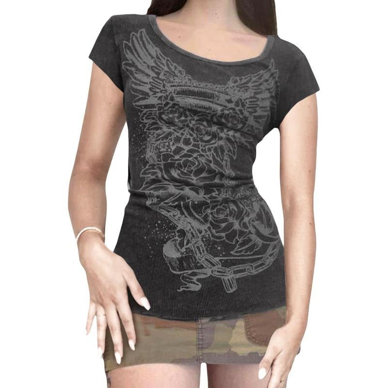 Women Shirt, Short Sleeve Round Neck Print Casual Street Party Spring Summer Black Tops Womenswear Light