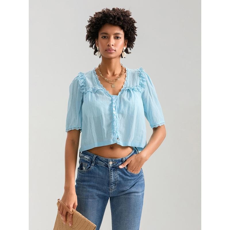 Women Short Sleeve Shirts Lace Ruffles Buttons Fashion Blouses Summer Loose Casual Tops Streetwear Cotton Womenswear