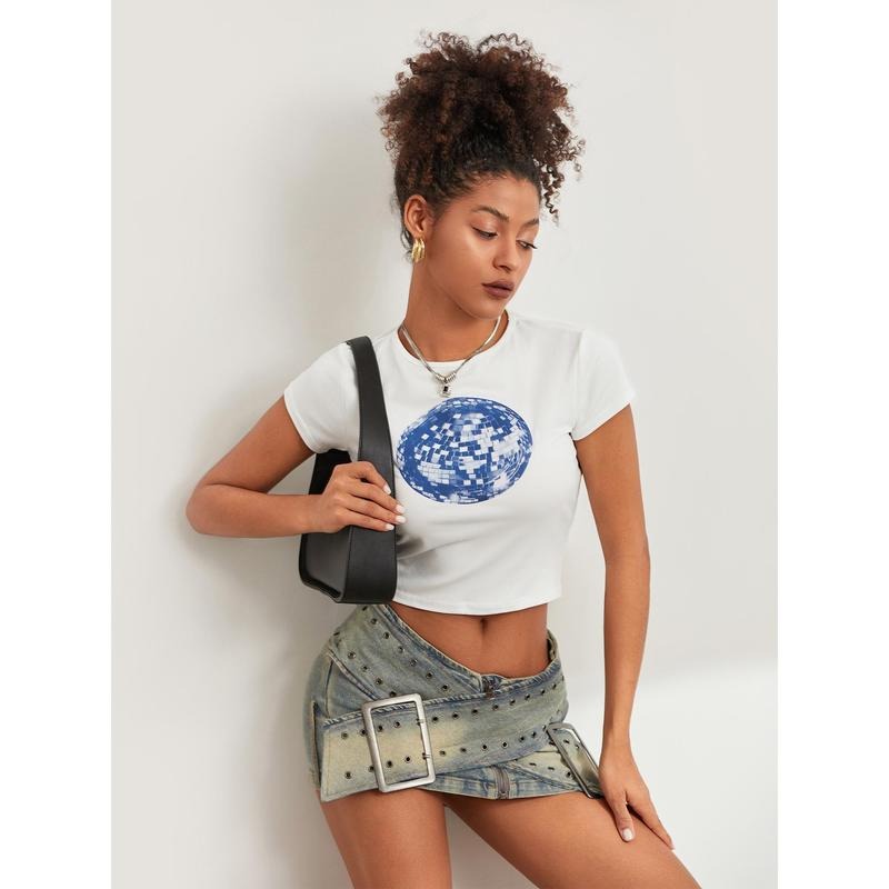 Women Short Sleeve T-Shirts Disco Ball Print Round Neck Shirts Summer Casual Slim Fit Tops Streetwear Womenswear Check