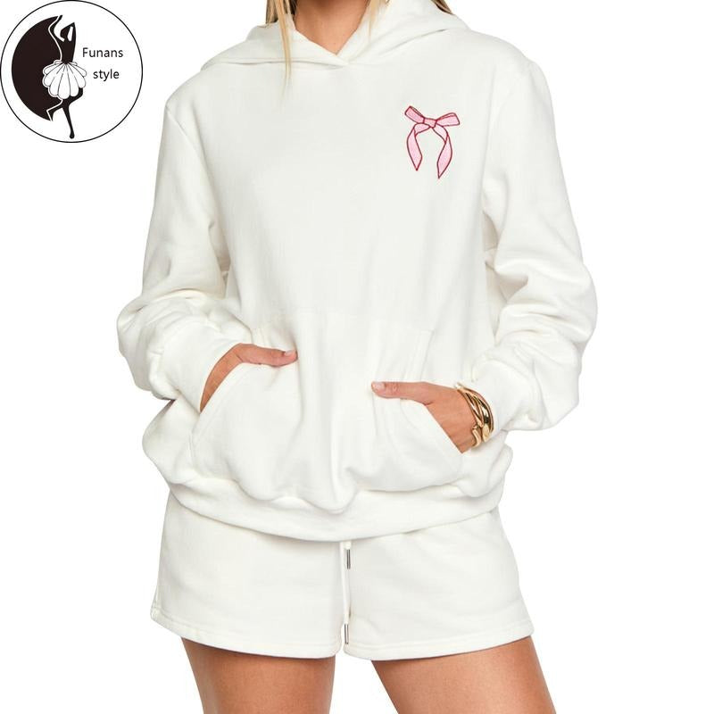 Women Shorts Set, Long Sleeve Hooded Bow Print Hoodie with Elastic Waist Shorts Activewear Fall Outfit T-Shirts, Sweatshirt