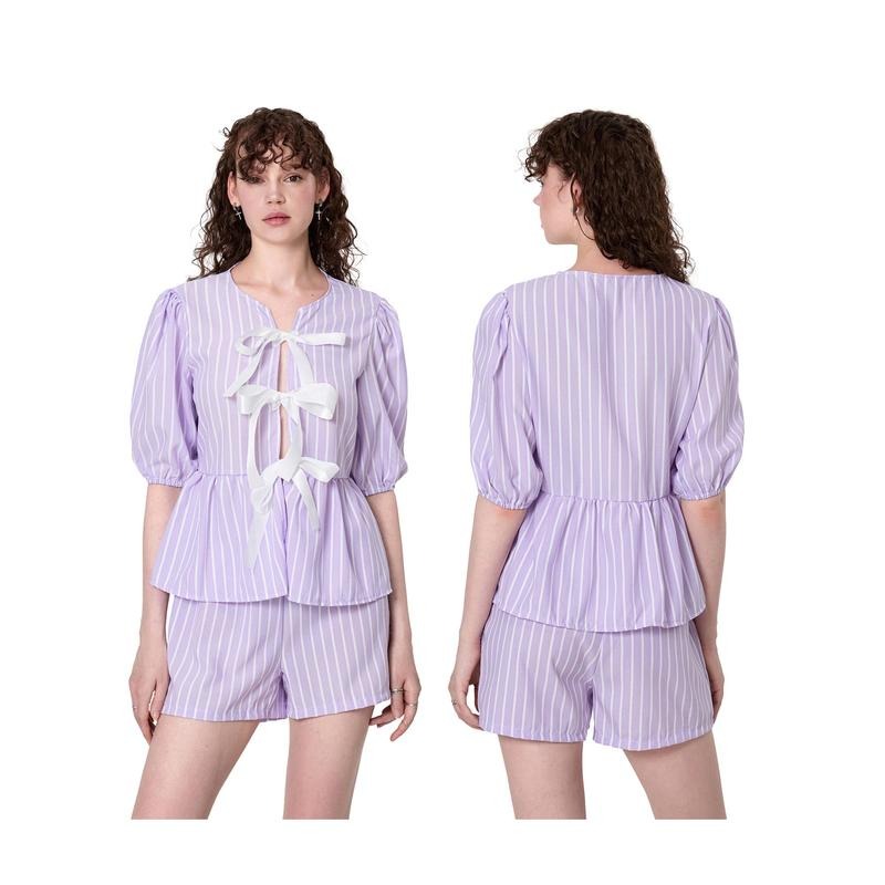 Women Shorts Set, Striped Short Sleeve Tie-up Shirt with Elastic Waist Shorts Summer Outfit Fashion Womenswear