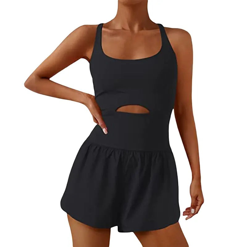 Women Solid Color Sport Cami Playsuits Casual Slim Sleeveless Backless Tank High Waist Baggy Short Jumpsuits Summer Cutout Cross Yoga Romper Tracksuits