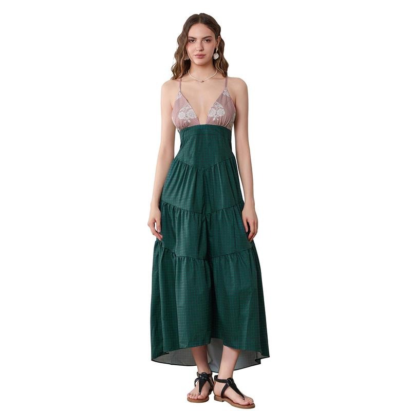 Women Spaghetti Strap Dress V-Neck Floral Plaid Print Lacing Backless Summer Sleeveless Dresses Casual Fashion