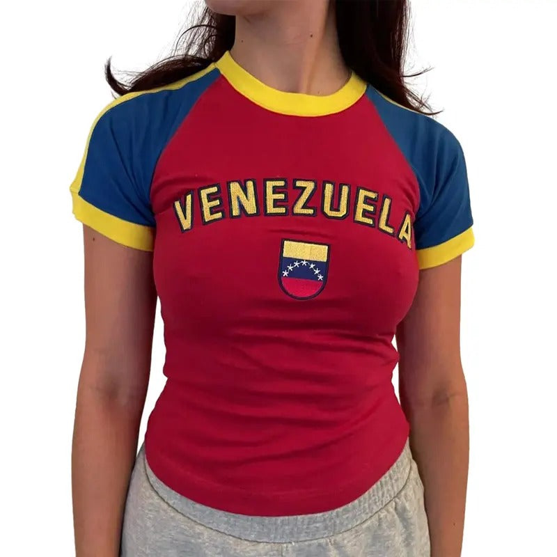 Women Sporty T-Shirt Crew Neck Short Sleeve Letters Print Contrast Color Slim Fit Crop Tops Summer Streetwear