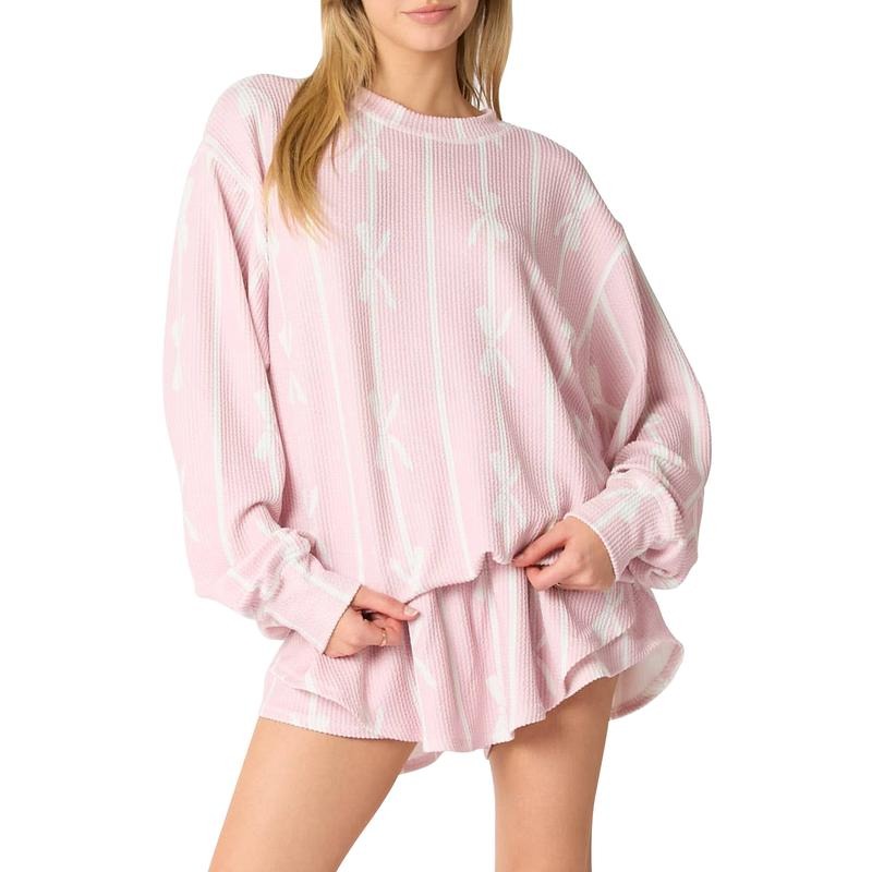 Women Spring Pajama Set Round Neck Long Sleeve Tops Shorts Bow Striped Print 2-Piece Loungewear Outfit T-Shirts, Hoodie,...