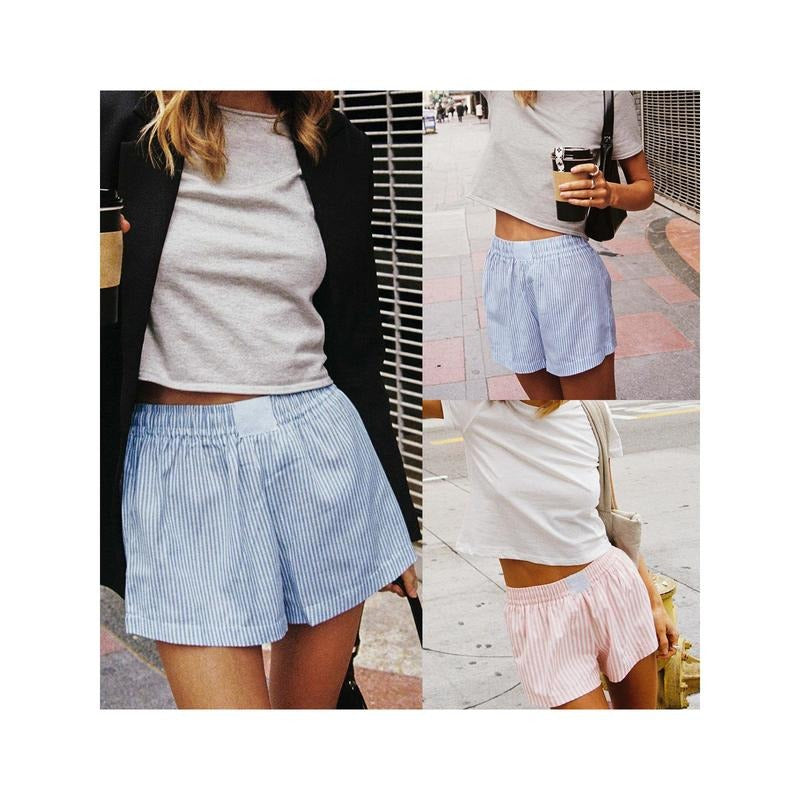 Women Striped Shorts, Elastic Waist Casual Shorts Summer Streetwear for Daily Date Womenswear Bottom