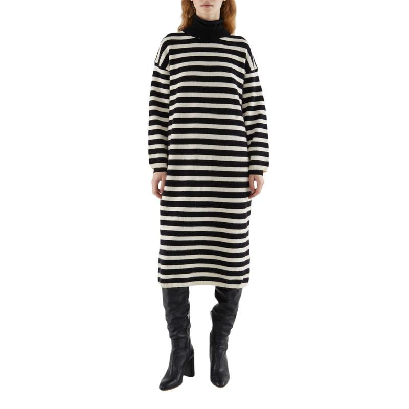 Women Striped Sweater Midi Dress Long Sleeve Ribbed Drop Shoulder Straight Casual Dresses Fashion Light
