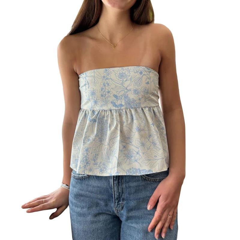 Women Summer Tube Tops Floral Print Tie Backless Off-Shoulder Bandeau Vest for Streetwear Aesthetic Grunge Clothes Casual...