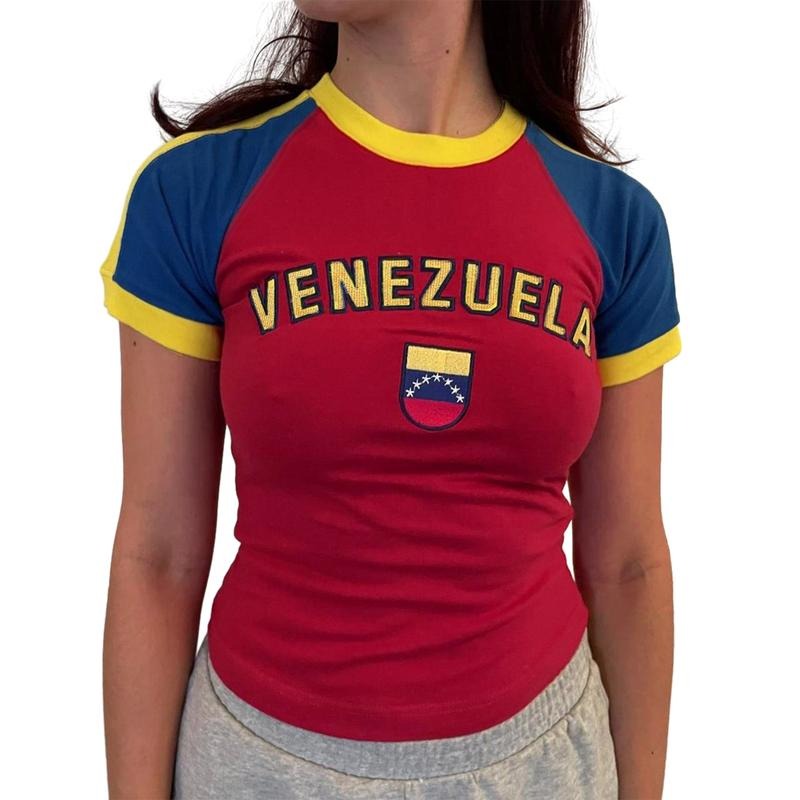 Women T-shirt, Crew Neck Short Sleeve Letters Print Contrast Color Summer Tops Streetwear Womenswear Comfy