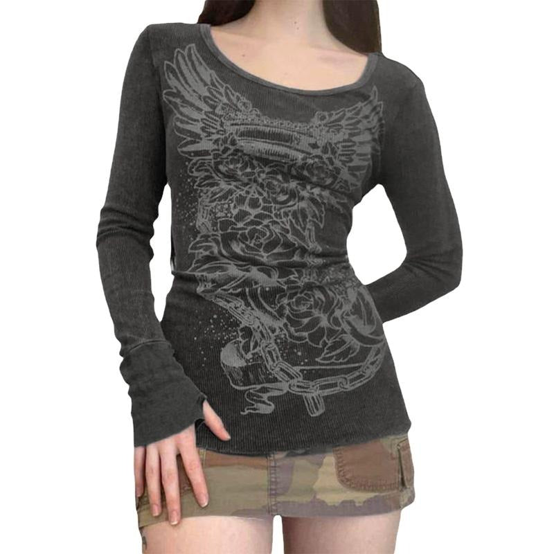 Women T-shirt, Vintage Long Sleeve Crew Neck Flower Print Slim Fit Ladies Tops for Casual Daily Womenswear Light Hoodie,...
