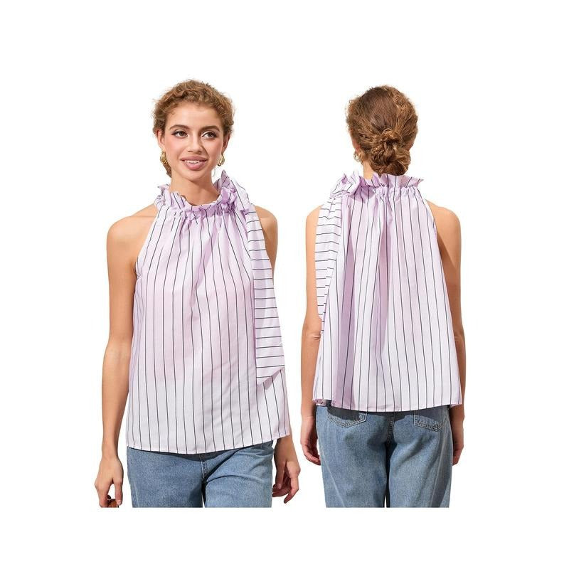 Women Tank Top, Elegant Sleeveless Tops Tie-up Stripes Plaid Loose Summer Streetwear Light Polyester