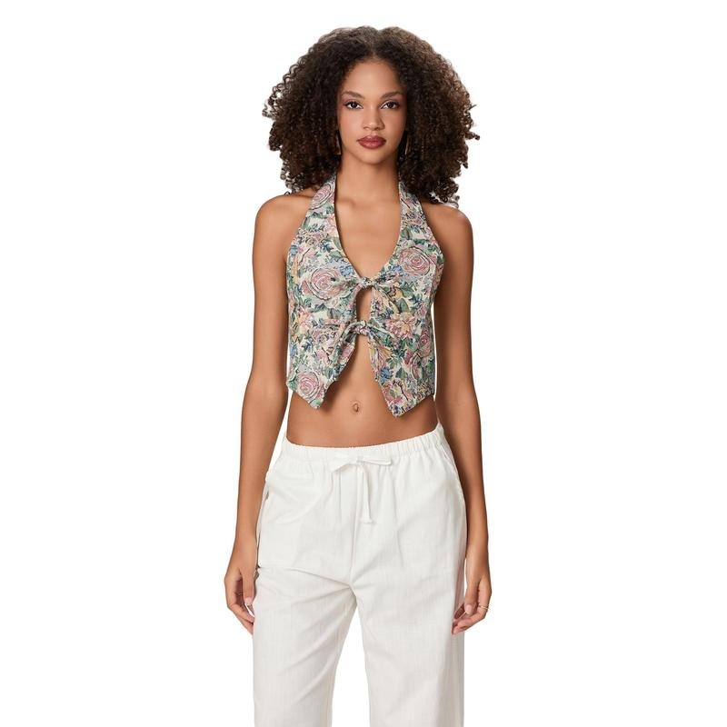 Women Tie Front Halter Tops Summer Retro Floral Print Backless Shirts Sleeveless Vest for Streetwear Aesthetic Clothes Crop Fashion