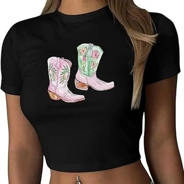 Women Western Cowgirl Crop Tops - Nashville Country Concert Rodeo Outfits Sexy Boot Print Summer Collar Fashion T-Shirts,...