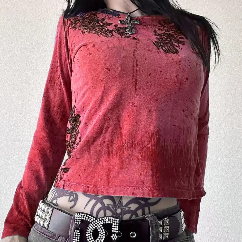 Women Y2k Aesthetic Gothic Shirt Tops 90s E-Girls Fairy Grunge Vintage T-Shirt Long Sleeve Round-Neck Teens Shirt Party Streetwear