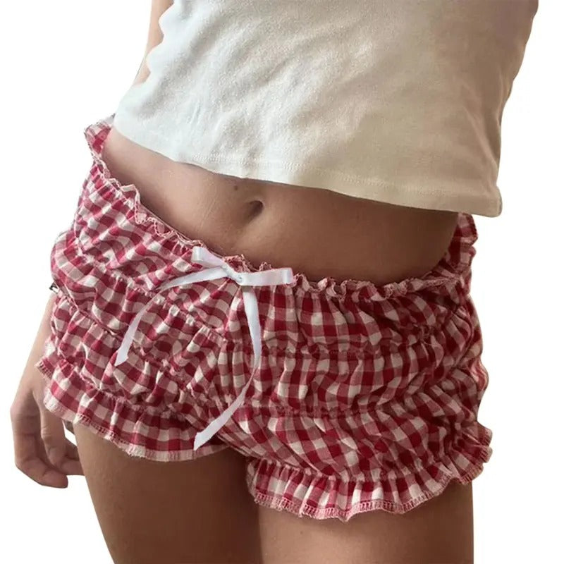 Women Y2k Cute Ruffle Shorts Plaid Boxer Shorts Pajama Bloomers Shorts Elastic Waist Ruffles Lounge Pants Sleep Pj Bottoms