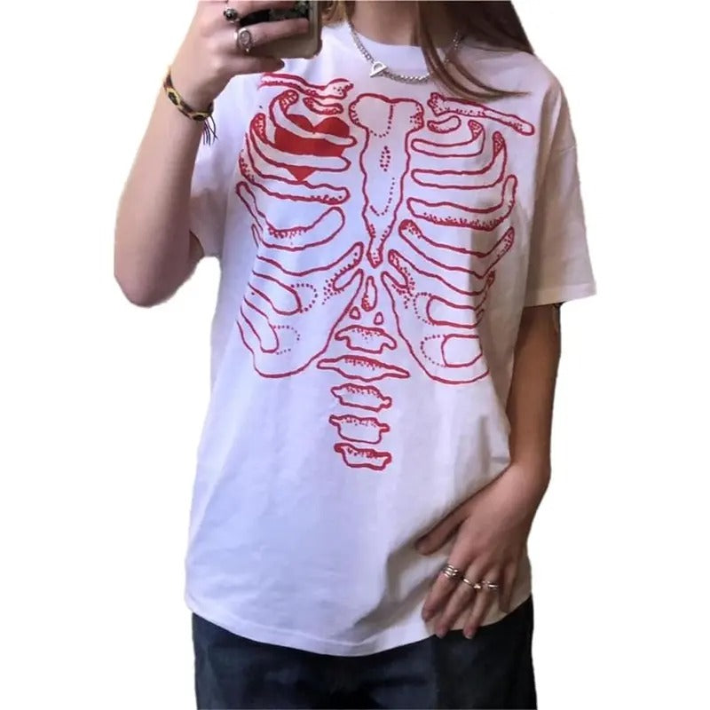 Women Y2k Girls Gothic Graphic Shirt 90s Vintage Fairy Grunge T-Shirt Short Sleeve Skeleton Printing Pullover Shirt