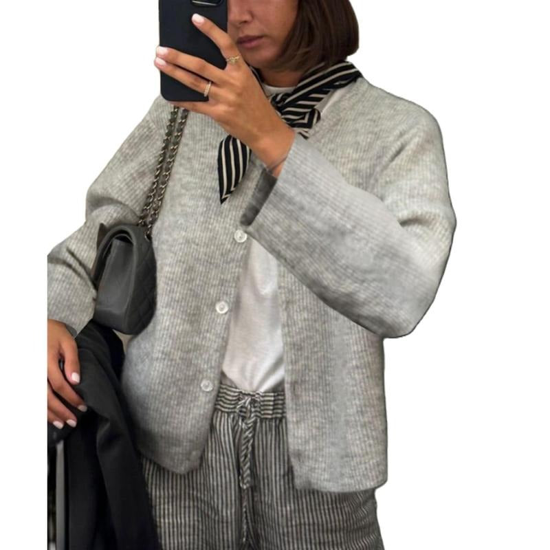 Women Y2k Knitted Crop Cardigan Sweater Long Sleeve Button Down Open Front Loose Casual Knitwear Top Streetwear