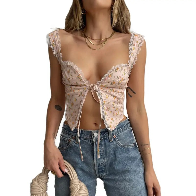 Women Y2k Tie front Lace Cami Top Sleeveless Lace Edge Tank Top Shirt Women Sexy Solid Crop Top Vest Streetwear