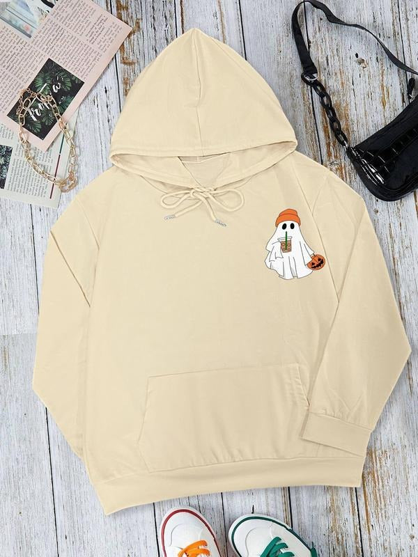Women's Cartoon Ghost & Pumpkin Print Drawstring Pocket Hoodie, Casual Long Sleeve Hooded Sweatshirt for Fall & Winter,...