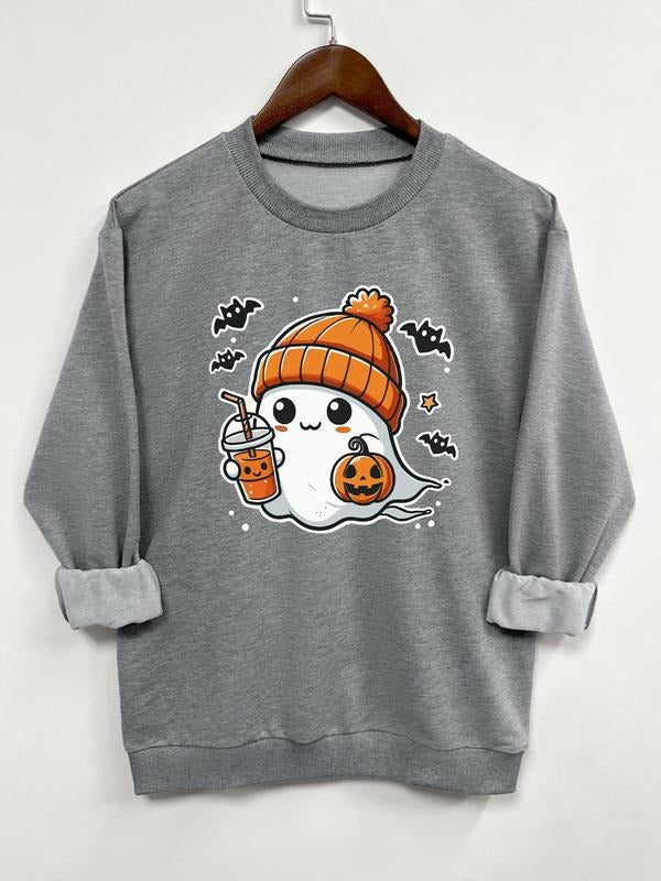 Women's Ghost Print Round Neck Sweatshirt, Casual Long Sleeve Crew Neck Pullover for Fall & Winter, Women's Clothes for...