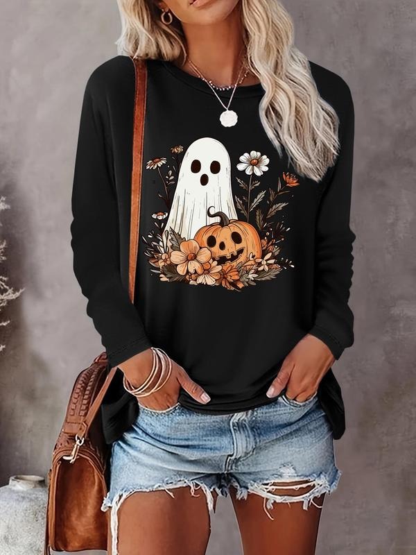 Women's Ghost Print Round Neck Tee, Casual Long Sleeve Crew Neck T-shirt for Fall & Winter, Women's Top for Daily Wear...