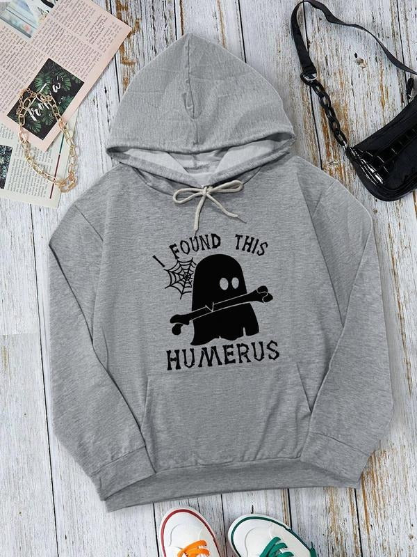 Women's Cartoon Ghost & Letter Print Drop Shoulder Hoodie, Fashion Casual Drawstring Pocket Hooded Sweatshirt for Daily...