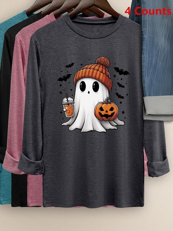 Women's Cartoon Ghost & Pumpkin Print Long Sleeve Tee, Casual Round Neck T-shirt for Fall & Winter, Women's Top for...