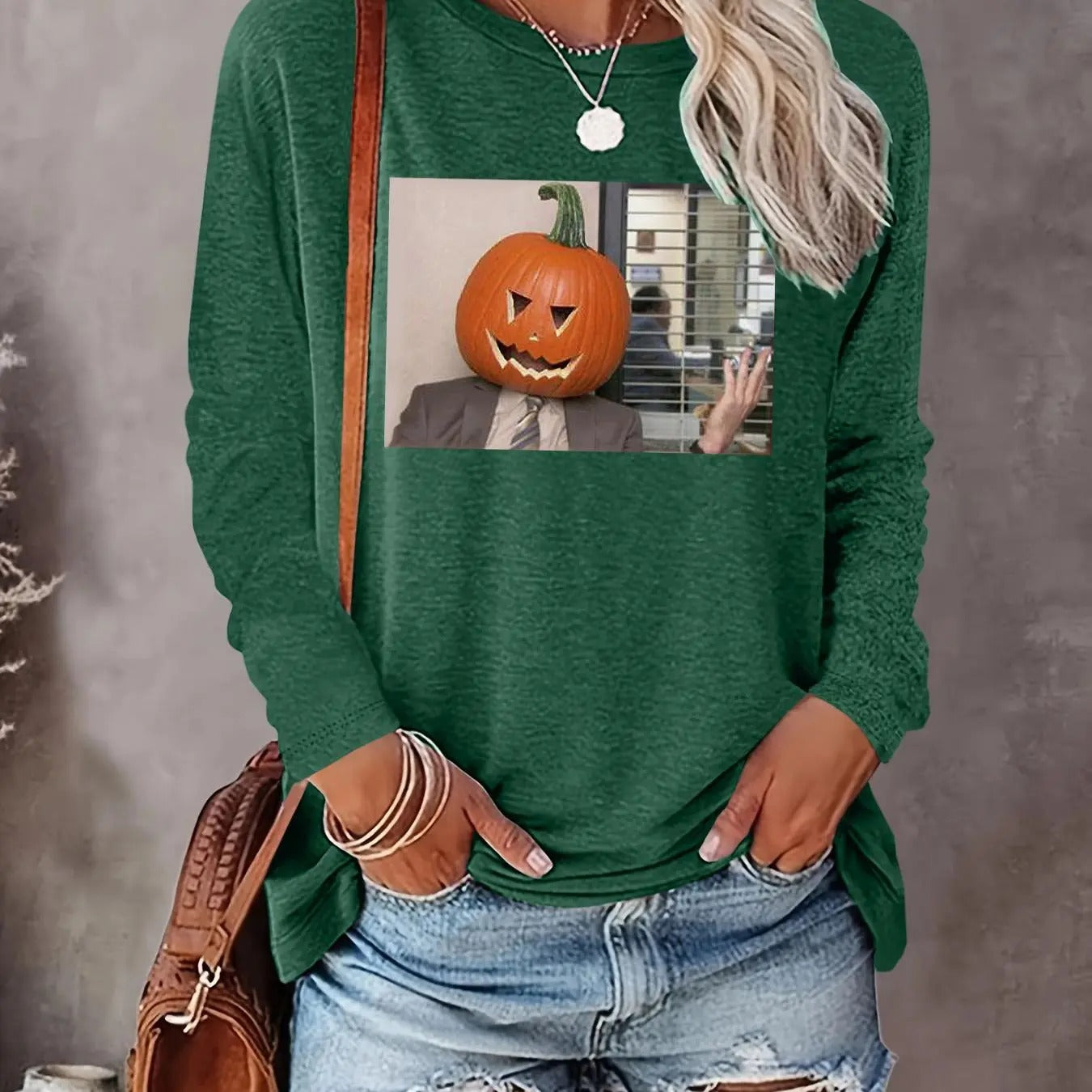 Women's Cartoon Pumpkin Print Drop Shoulder Sweatshirt, Casual Long Sleeve Round Neck Pullover for Daily Wear, Ladies...