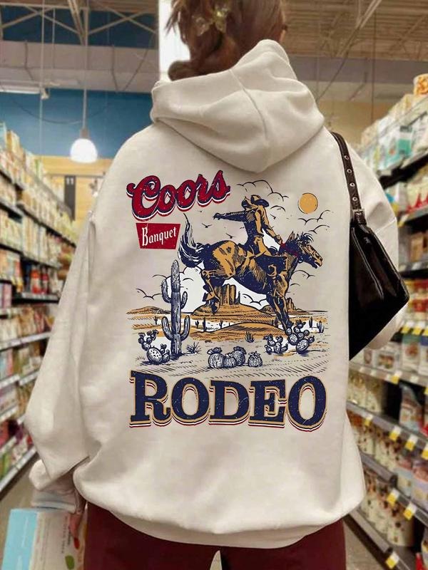 Women's "Coors" Letter & Cowboy Print Drop Shoulder Hoodie, Western Style Drawstring Pocket Hooded Sweatshirt for Daily Holiday Outdoor Wear, Casual Ladies Clothes for Fall & Winter Graphic Hoodie