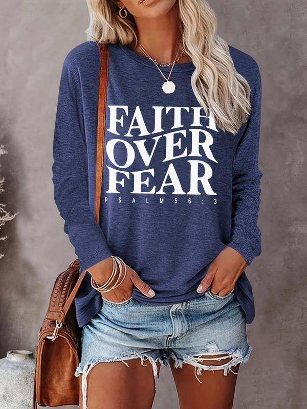 Women's "FAITH OVER FEAR" Letter Print Round Neck Tee, Casual Long Sleeve Crew Neck Top for Fall & Winter, Women's Clothing for Daily Wear