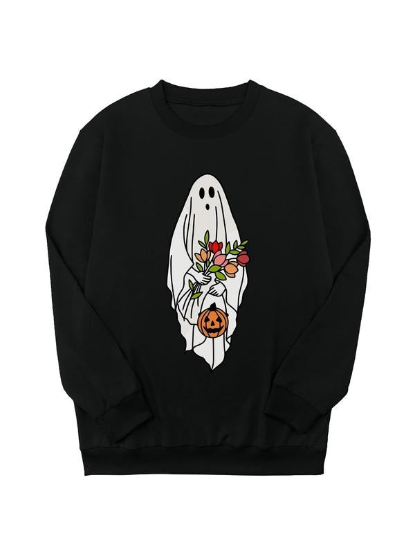 Women's Ghost Print Crew Neck Sweatshirt, Casual Long Sleeve Pullover for Daily Wear, Ladies Clothes for Fall & Winter...