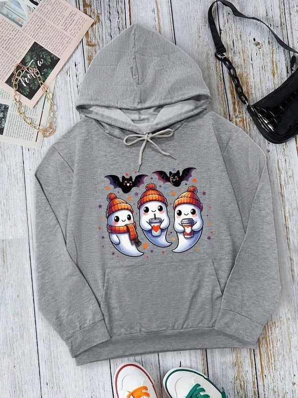 Women's Ghost Print Drop Shoulder Hoodie, Fashion Casual Drawstring Pocket Hooded Sweatshirt for Daily Holiday Outdoor Wear, Women Clothing for Fall & Winter