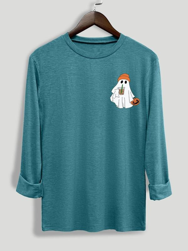 Women's Ghost Print Round Neck Tee, Casual Long Sleeve Crew Neck T-shirt for Halloween, Ladies Clothing for Daily Wear