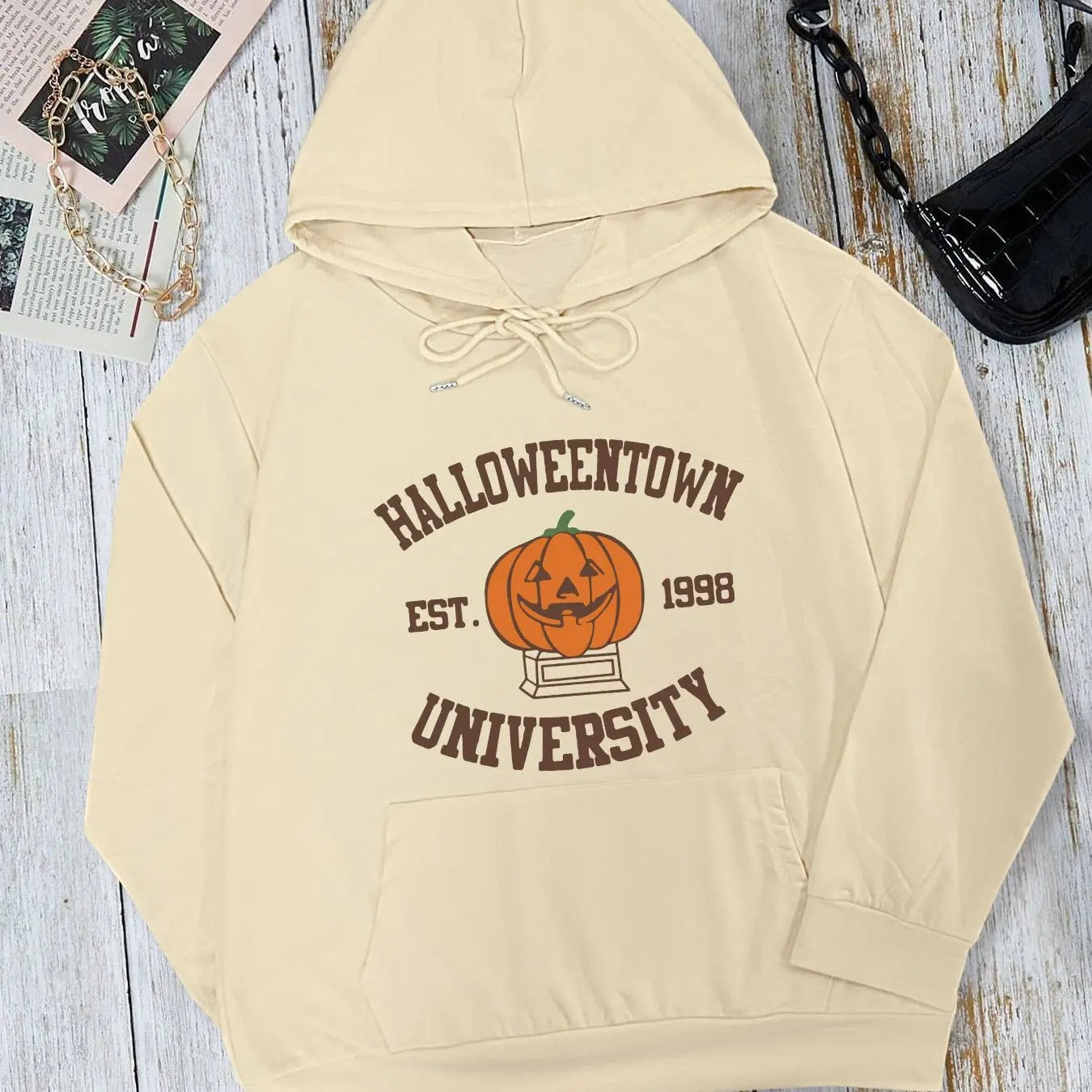 Women's Letter & Pumpkin Print Drop Shoulder Hoodie, Halloween Fashion Casual Drawstring Pocket Hooded Sweatshirt for Daily Holiday Outdoor Wear, Women Clothing for Fall & Winter