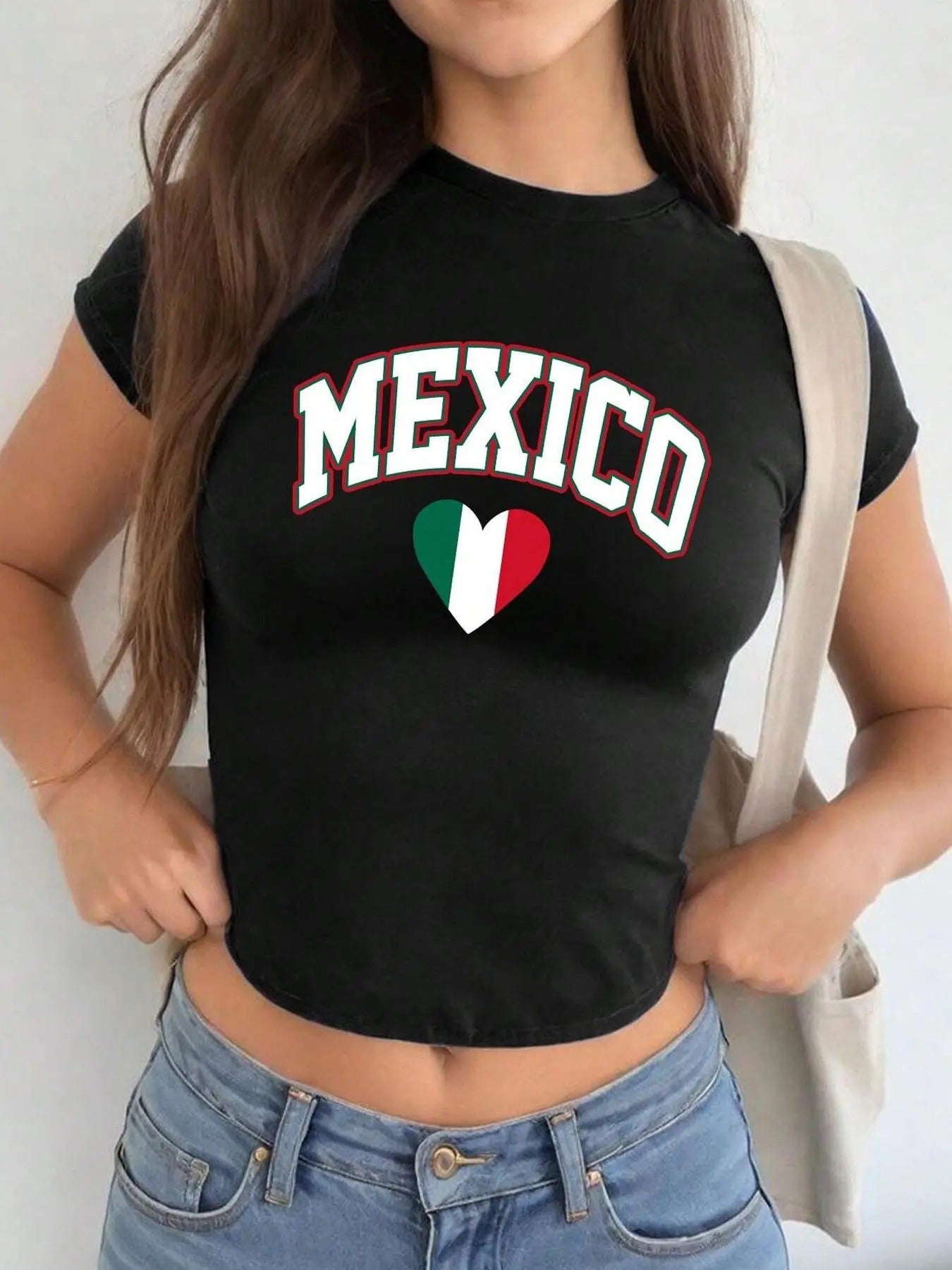 Women's "Mexico" Letter & Heart Print Round Neck Crop Tee, Casual Short Sleeve Crew Neck T-Shirt for Summer, Fashion Women's Top for Daily Wear
