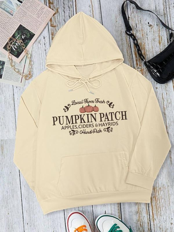 Women's Pumpkin & Letter Print Drawstring Pocket Hoodie, Casual Long Sleeve Hooded Sweatshirt for Fall & Winter, Women's...