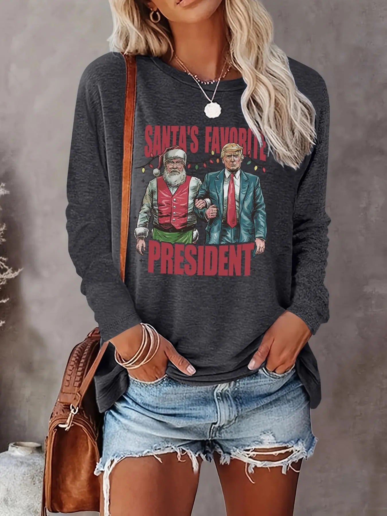 Women's "SANTA'S FAVORITE PRESIDENT" Christmas Themed Letter & Figure Print Round Neck Tee, Casual Long Sleeve Crew Neck T-Shirt for Fall & Winter, Women's Clothes for Daily Wear