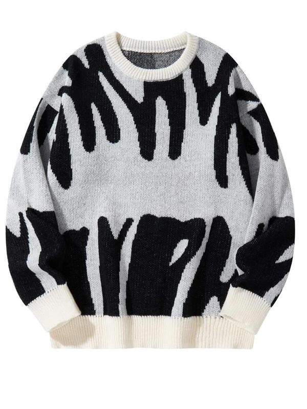 Women's Abstract Print Drop Shoulder Sweater, Casual Long Sleeve Round Neck Jumper for Fall & Winter, Fashion Ladies' Knitwear for Daily Wear