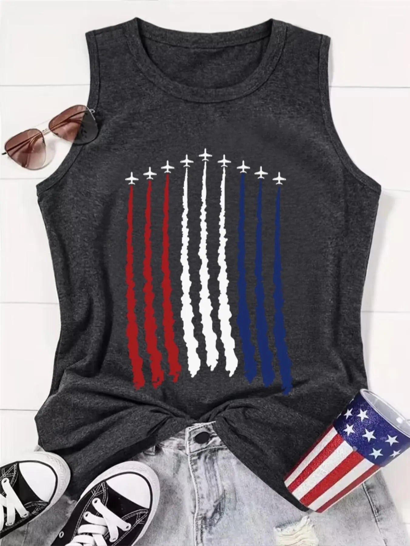 Women's Airplane Print Round Neck Tank Top, Casual Sleeveless Graphic Top for Summer, Women's Top for Daily Wear...