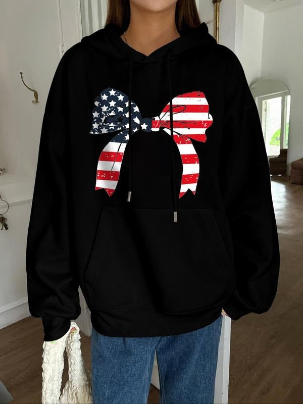 Women's American Flag Bowknot Print Thermal Lined Hoodie, Fashion Casual Drawstring Pocket Hooded Sweatshirt for Daily Holiday Outdoor Wear, Women Clothing for Fall & Winter